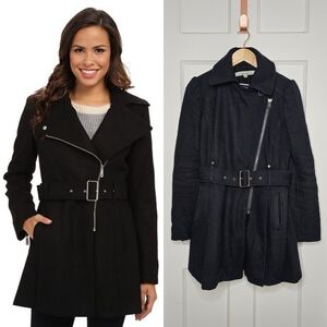 Kenneth Cole Asymmetrical Zip Belted Wool Coat